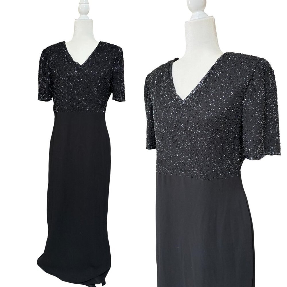Vintage 80's Laurence Kazar formal Beaded Gown Maxi Dress in black Large